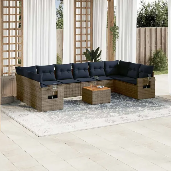 Ensemble de canapé de jardin 11 pcs avec coussins gris résine tressée