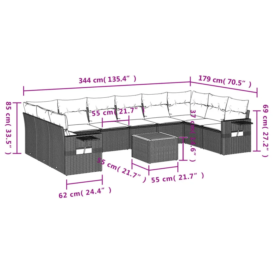 Ensemble de canapé de jardin 11 pcs avec coussins gris résine tressée - 9