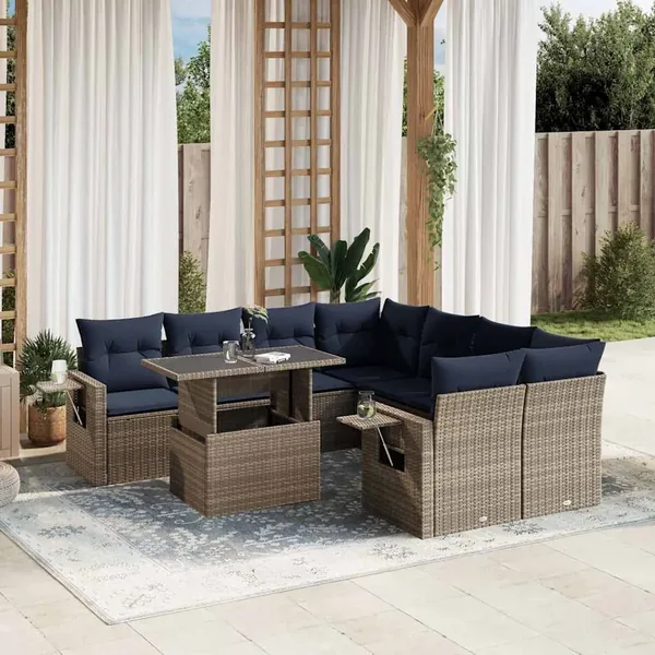 Ensemble de canapé de jardin 9 pcs avec coussins gris résine tressée