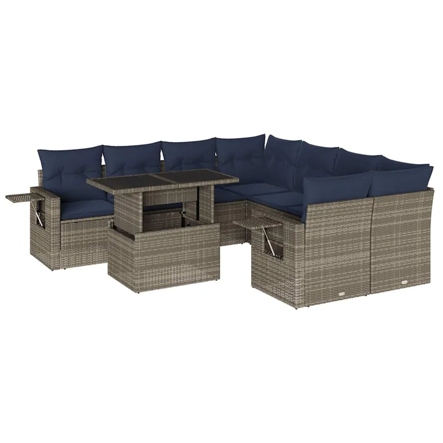 Ensemble de canapé de jardin 9 pcs avec coussins gris résine tressée - 2
