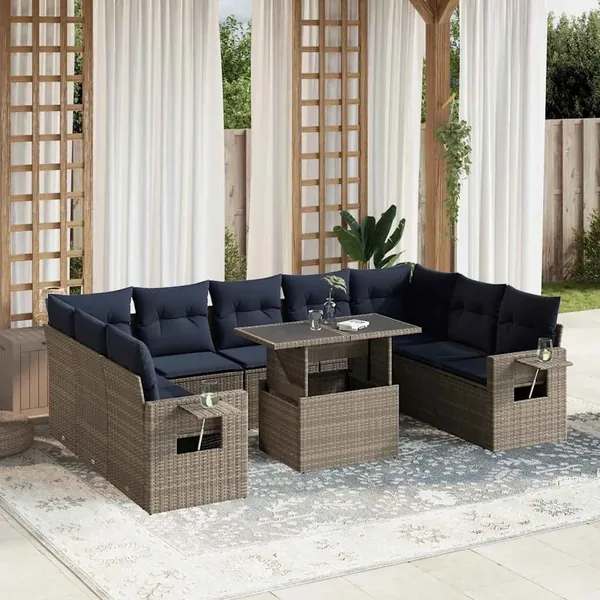 Ensemble de canapé de jardin 10 pcs avec coussins gris résine tressée