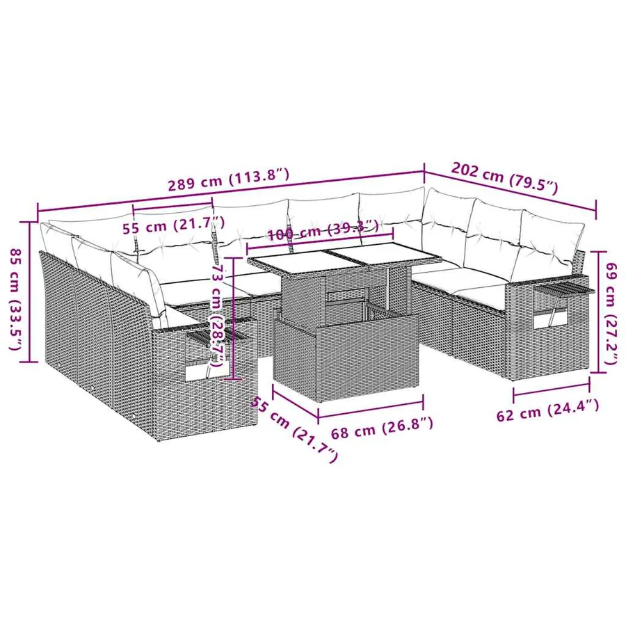 Ensemble de canapé de jardin 10 pcs avec coussins gris résine tressée - 11