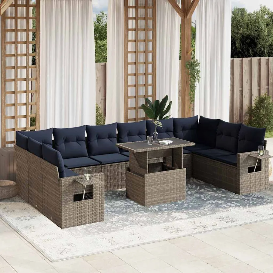 Ensemble de canapé de jardin 11 pcs avec coussins gris résine tressée