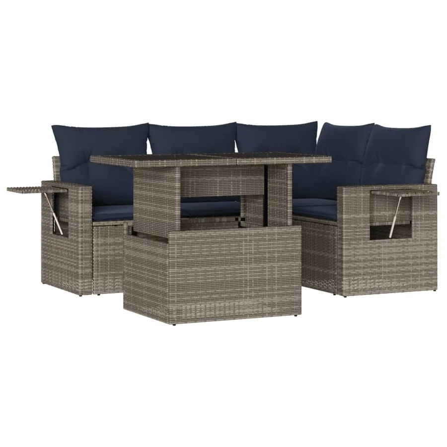 Ensemble de canapé de jardin 5 pcs avec coussins gris résine tressée - 2