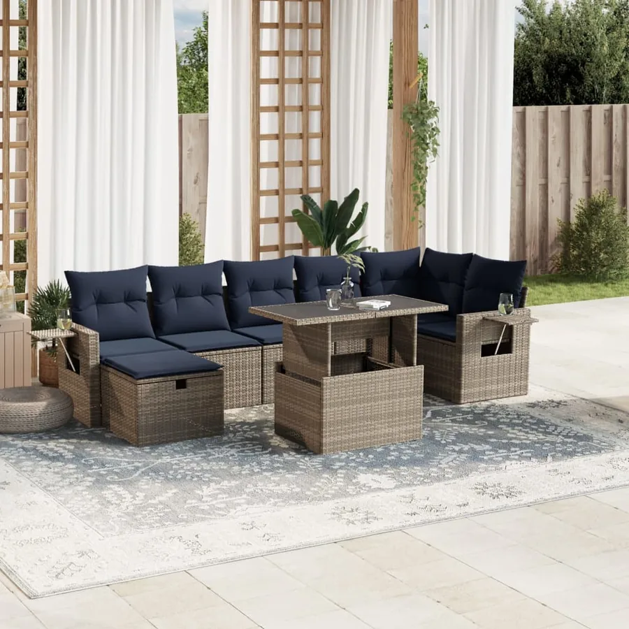 Ensemble de canapé de jardin 8 pcs avec coussins gris résine tressée