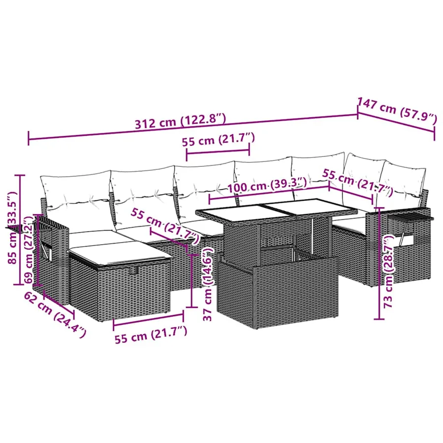 Ensemble de canapé de jardin 8 pcs avec coussins gris résine tressée - 14