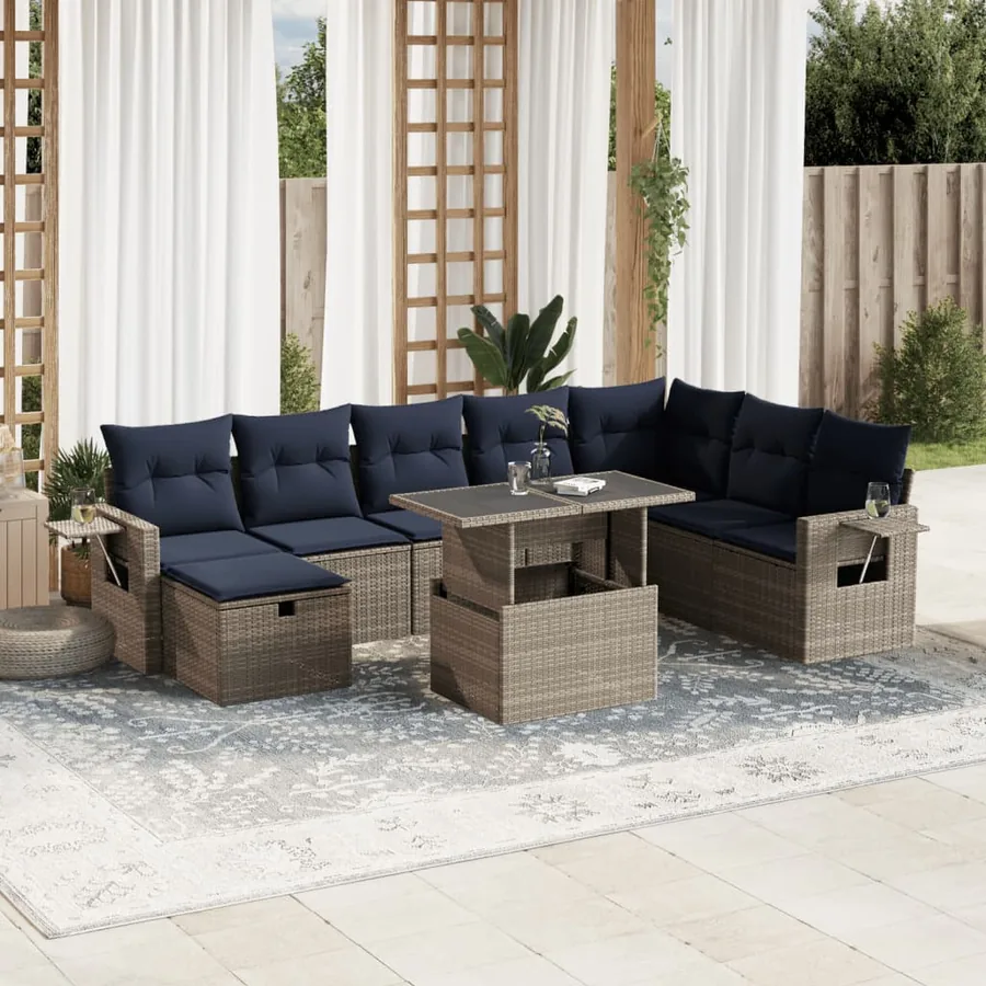 Ensemble de canapé de jardin 9 pcs avec coussins gris résine tressée