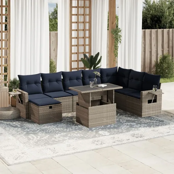 Ensemble de canapé de jardin 9 pcs avec coussins gris résine tressée