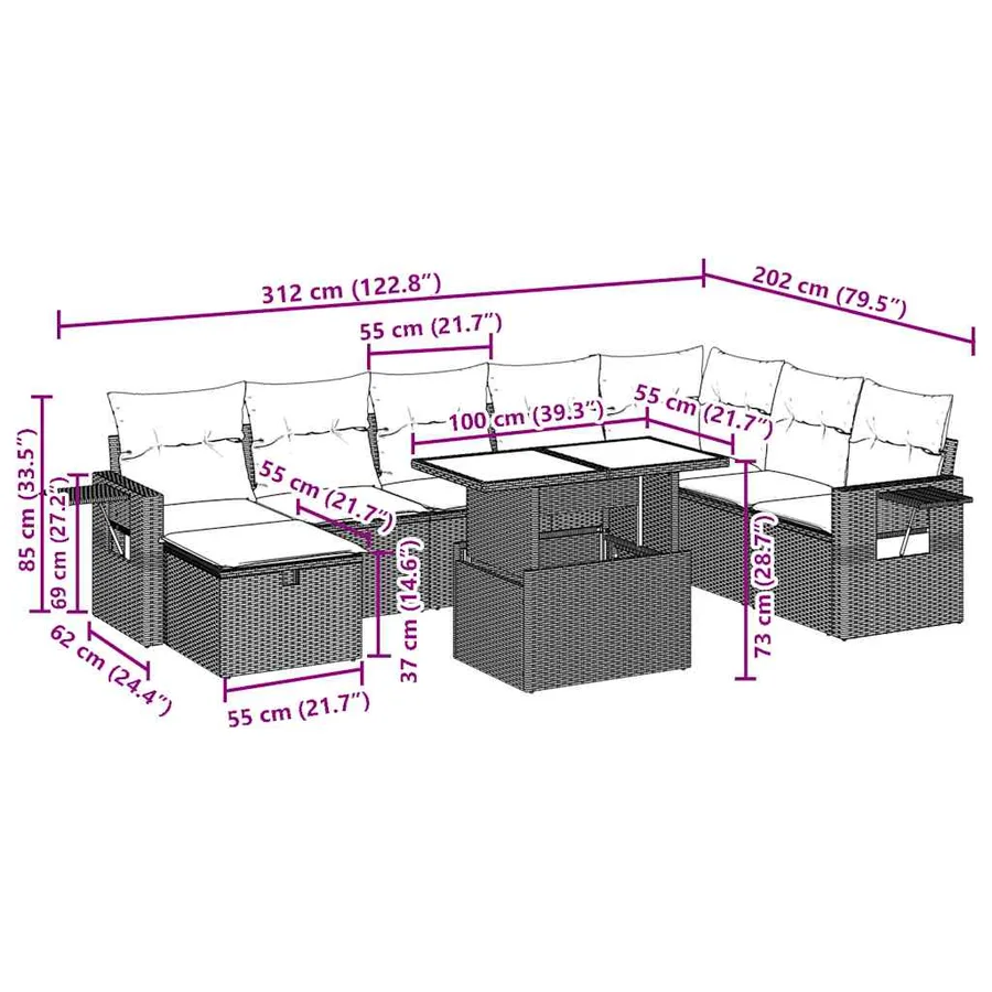 Ensemble de canapé de jardin 9 pcs avec coussins gris résine tressée - 14