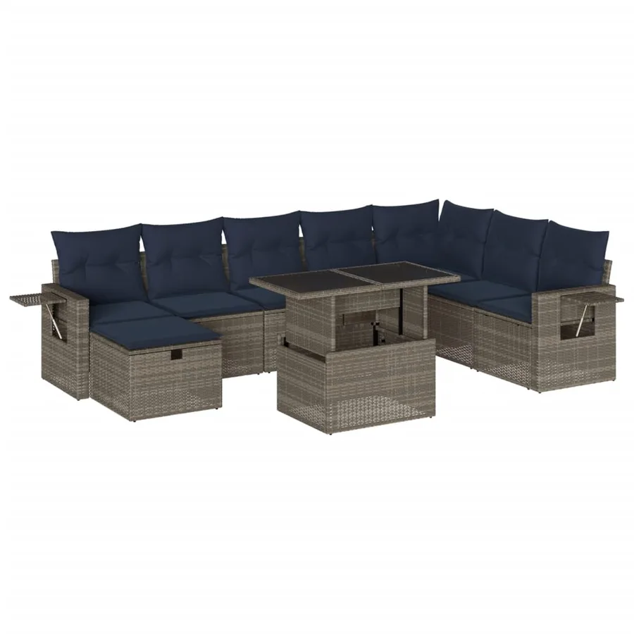 Ensemble de canapé de jardin 9 pcs avec coussins gris résine tressée - 2