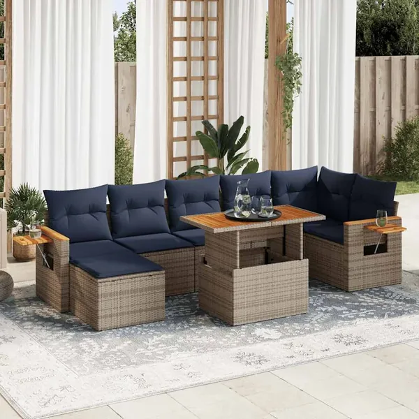 Salon de jardin 8pcs avec coussins marron résine tressée acacia