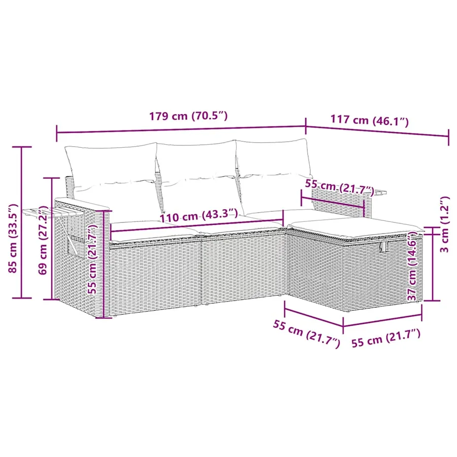 Salon de jardin 4 pcs avec coussins gris résine tressée - 13