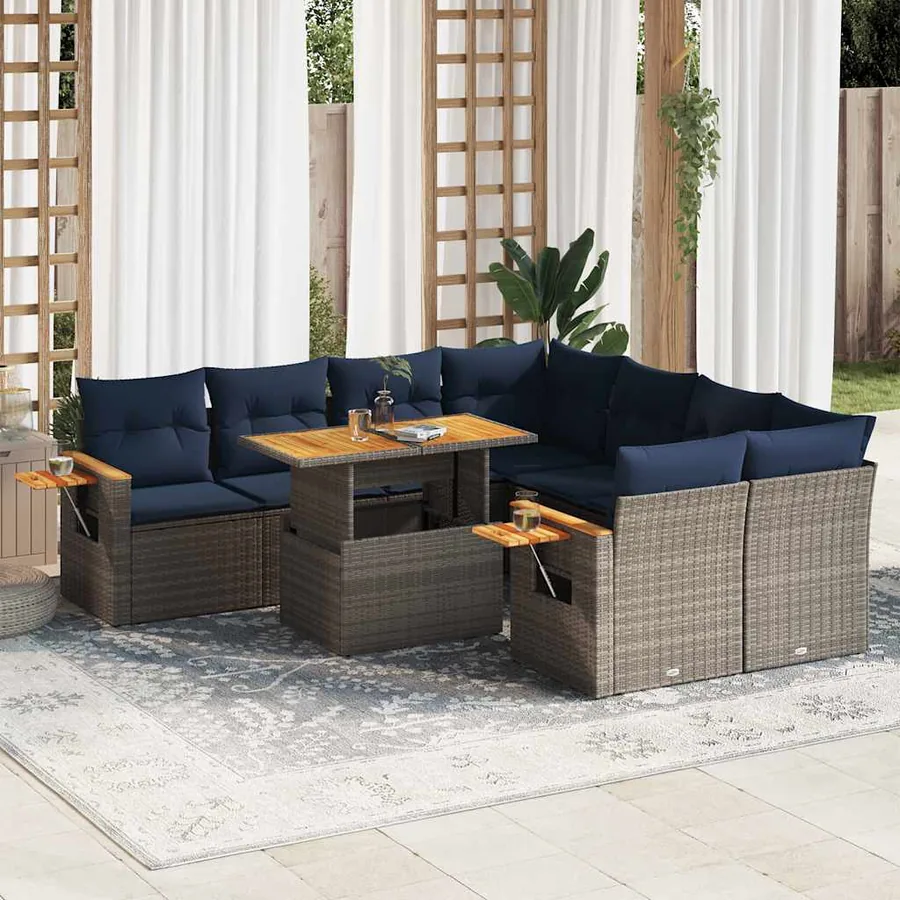 Salon de jardin 9 pcs avec coussins gris résine tressée