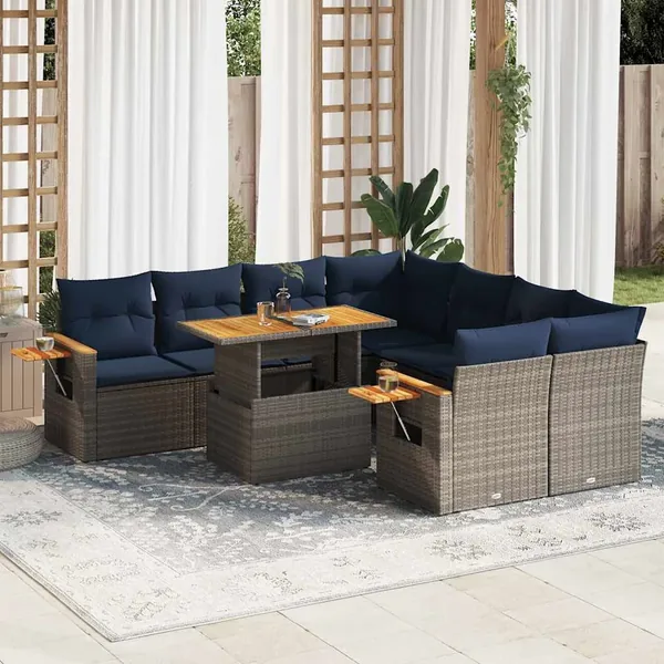 Salon de jardin 9 pcs avec coussins gris résine tressée