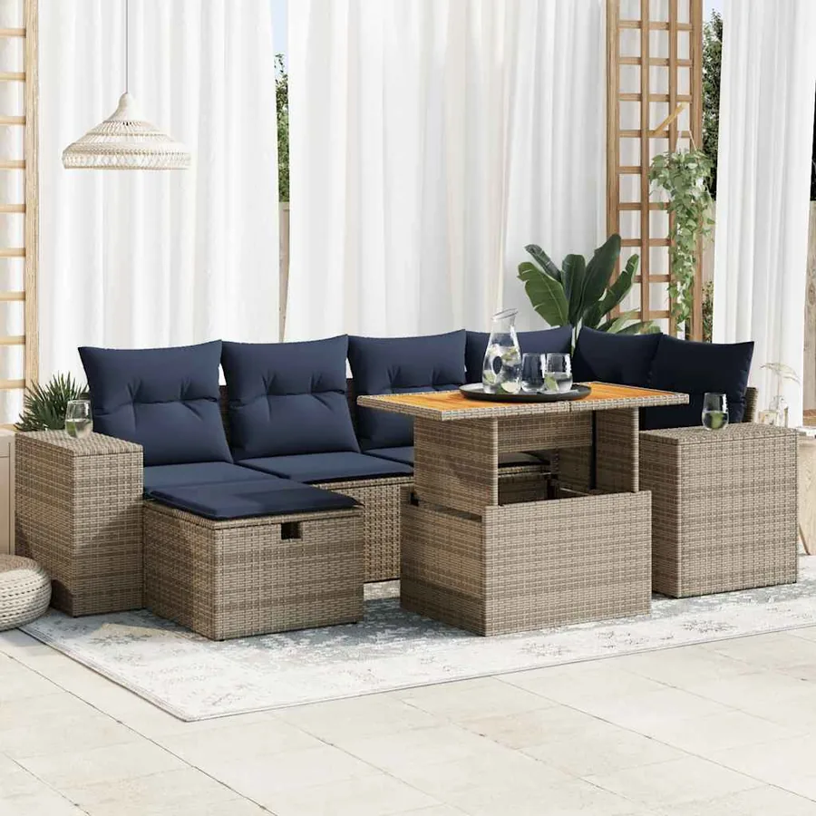 Salon de jardin avec coussins 7pcs marron résine tressée acacia