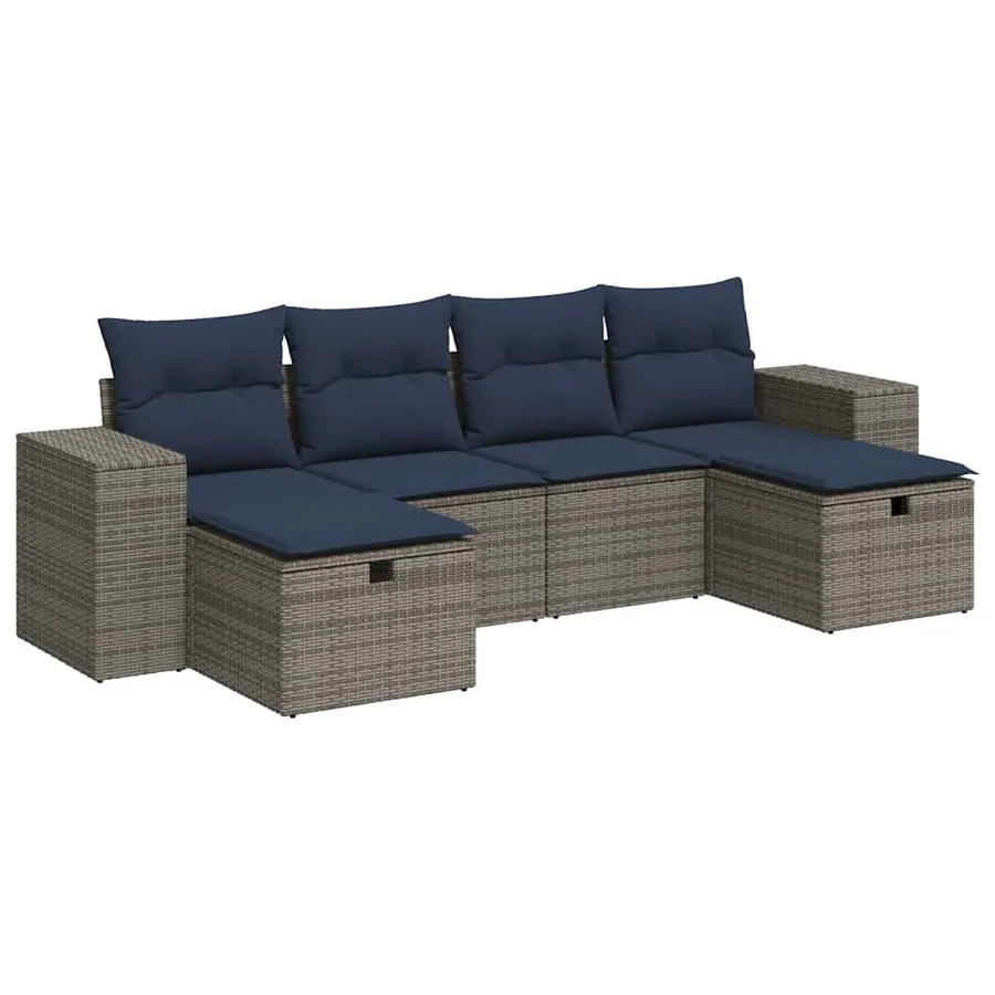 Salon de jardin 6 pcs avec coussins gris résine tressée - 2