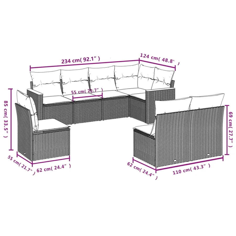 Ensemble de canapé de jardin 8 pcs avec coussins gris résine tressée - 7