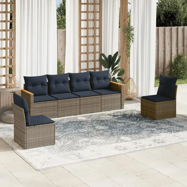 Ensemble de canapé de jardin 6 pcs avec coussins gris résine tressée