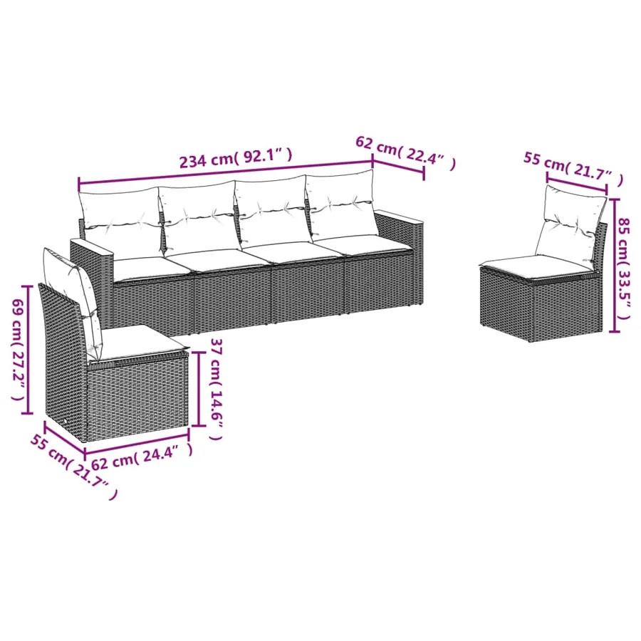 Ensemble de canapé de jardin 6 pcs avec coussins gris résine tressée - 7