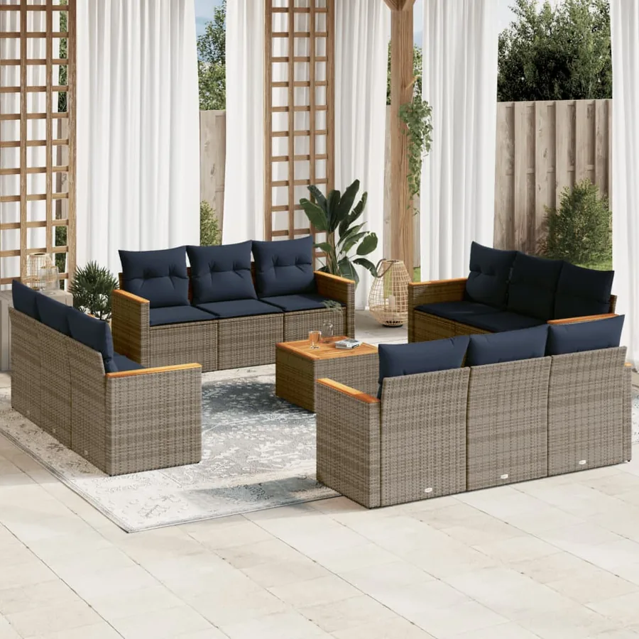 Ensemble de canapé de jardin 13 pcs avec coussins gris résine tressée