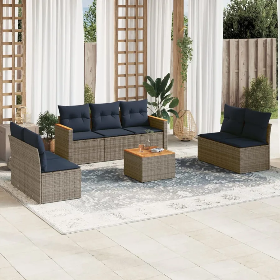 Ensemble de canapé de jardin 8 pcs avec coussins gris résine tressée