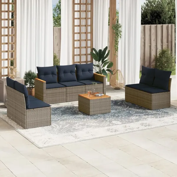 Ensemble de canapé de jardin 8 pcs avec coussins gris résine tressée
