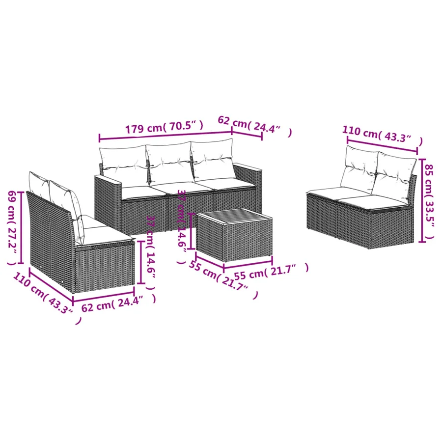 Ensemble de canapé de jardin 8 pcs avec coussins gris résine tressée - 8