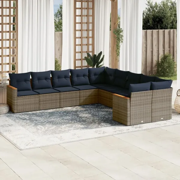 Ensemble de canapé de jardin 10 pcs avec coussins gris résine tressée