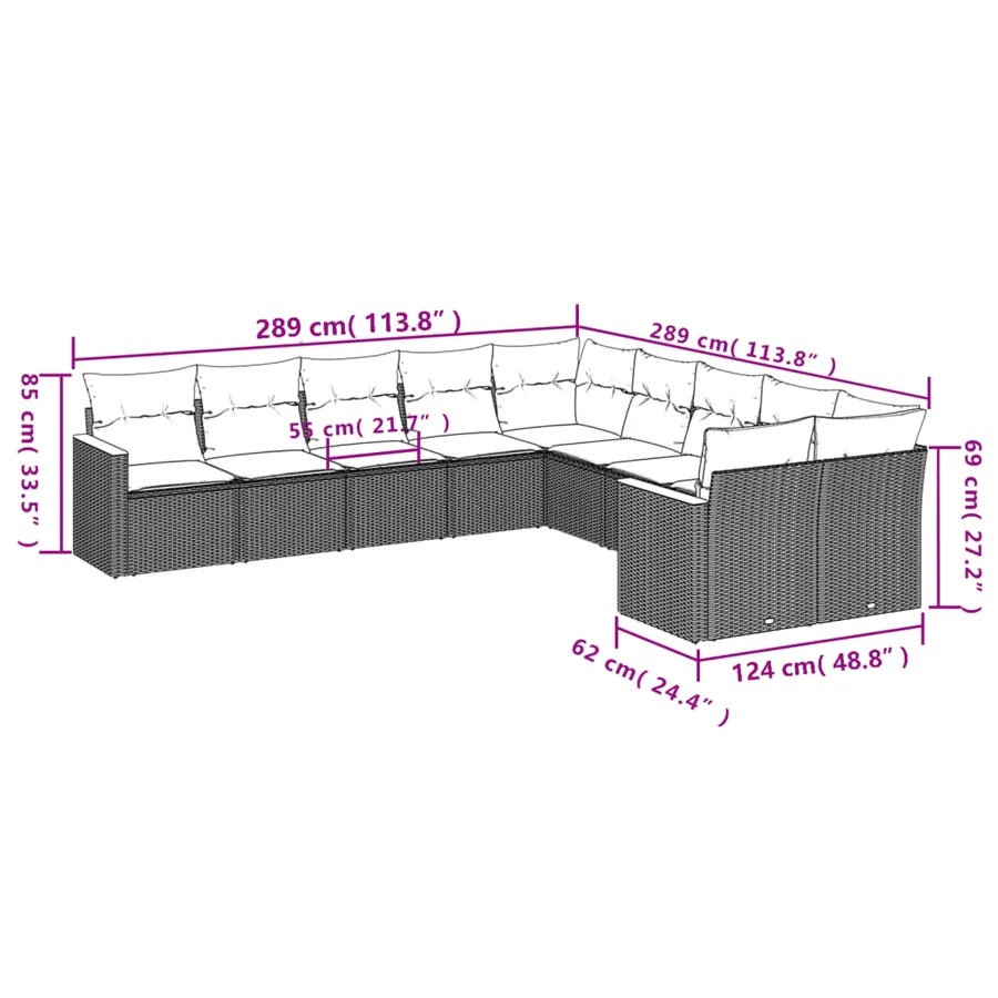 Ensemble de canapé de jardin 10 pcs avec coussins gris résine tressée - 7