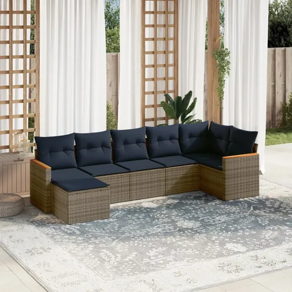 Ensemble de canapé de jardin 7 pcs avec coussins gris résine tressée