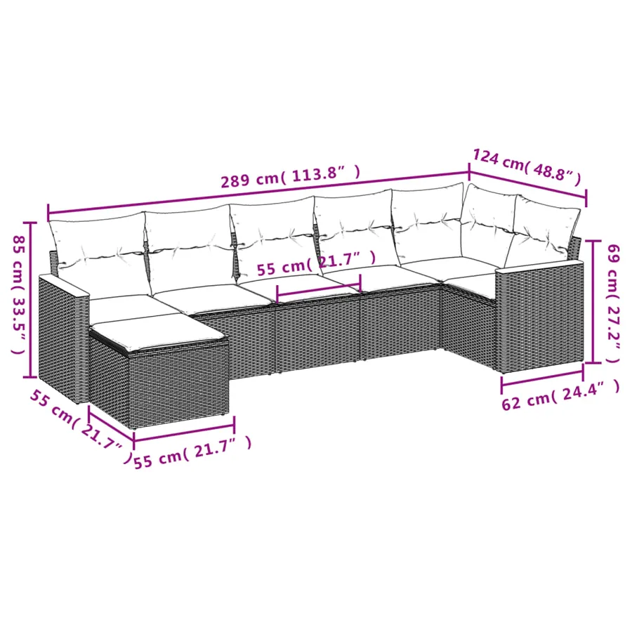 Ensemble de canapé de jardin 7 pcs avec coussins gris résine tressée - 8
