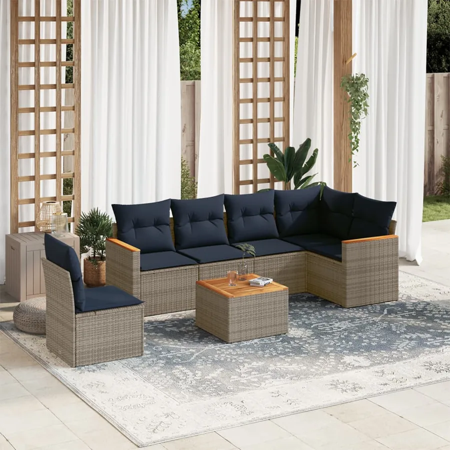 Ensemble de canapé de jardin 7 pcs avec coussins gris résine tressée