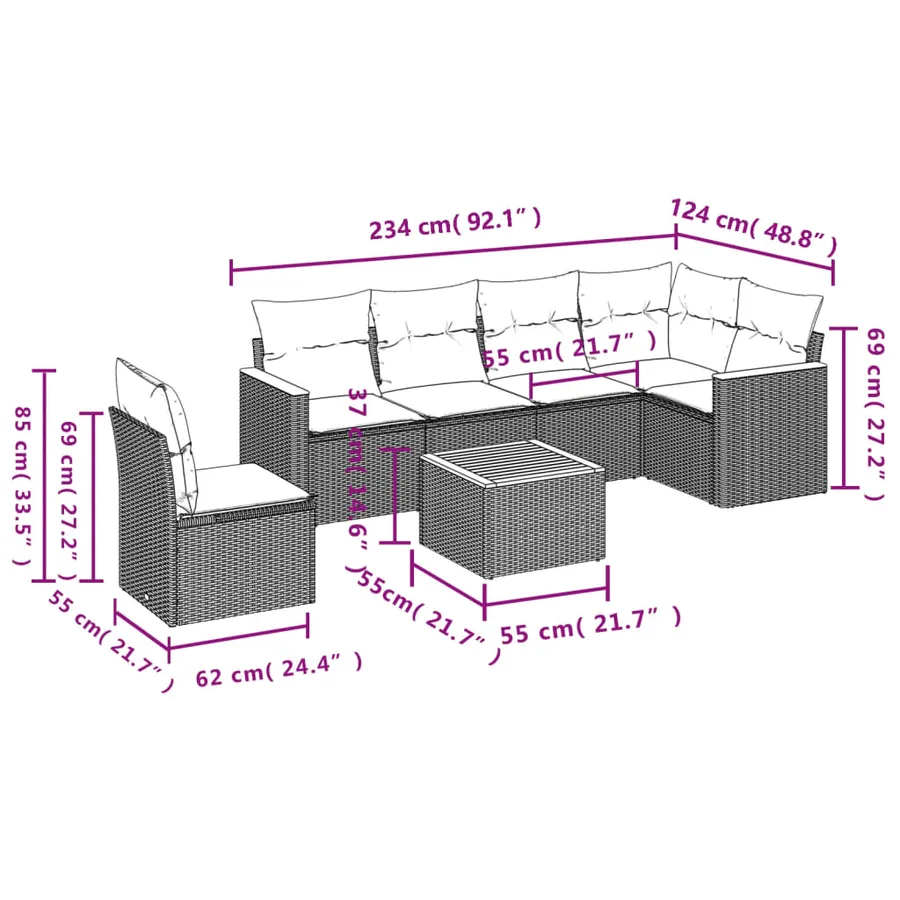Ensemble de canapé de jardin 7 pcs avec coussins gris résine tressée - 8