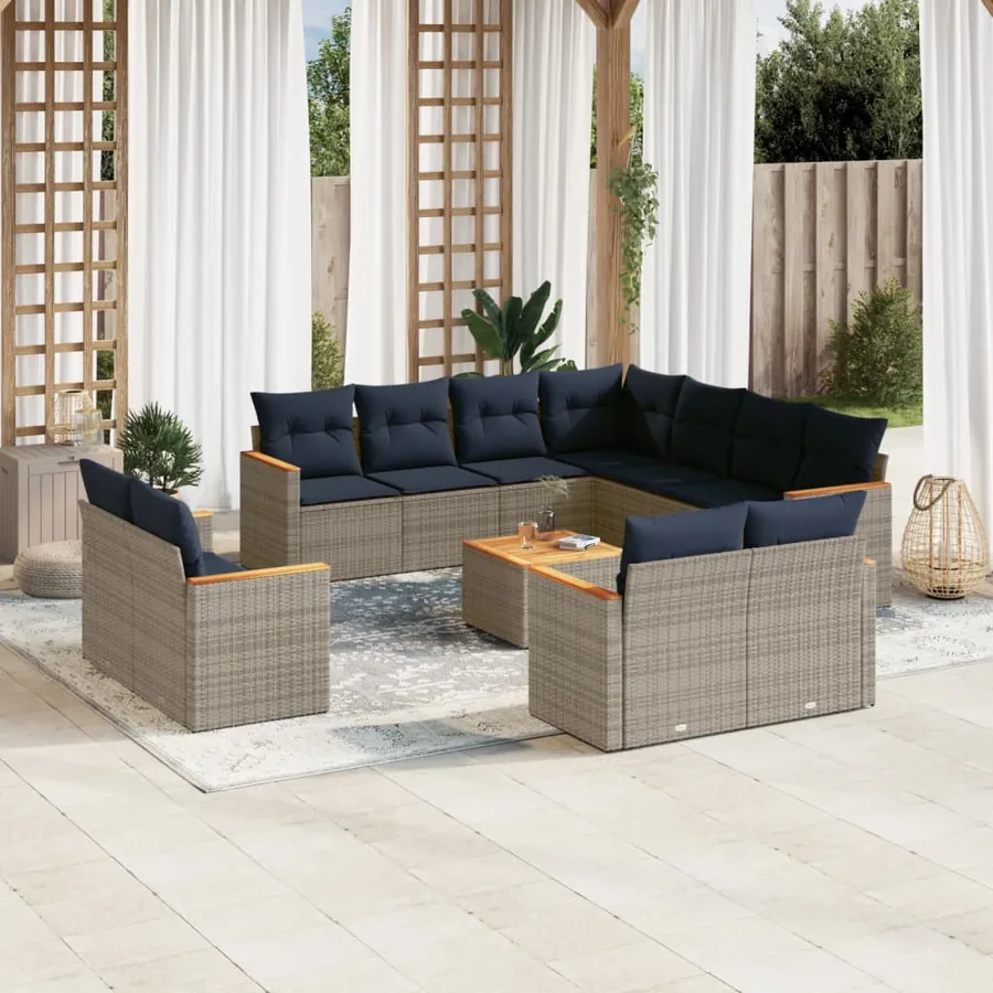 Ensemble de canapé de jardin 12 pcs avec coussins gris résine tressée
