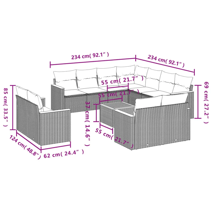 Ensemble de canapé de jardin 12 pcs avec coussins gris résine tressée - 8