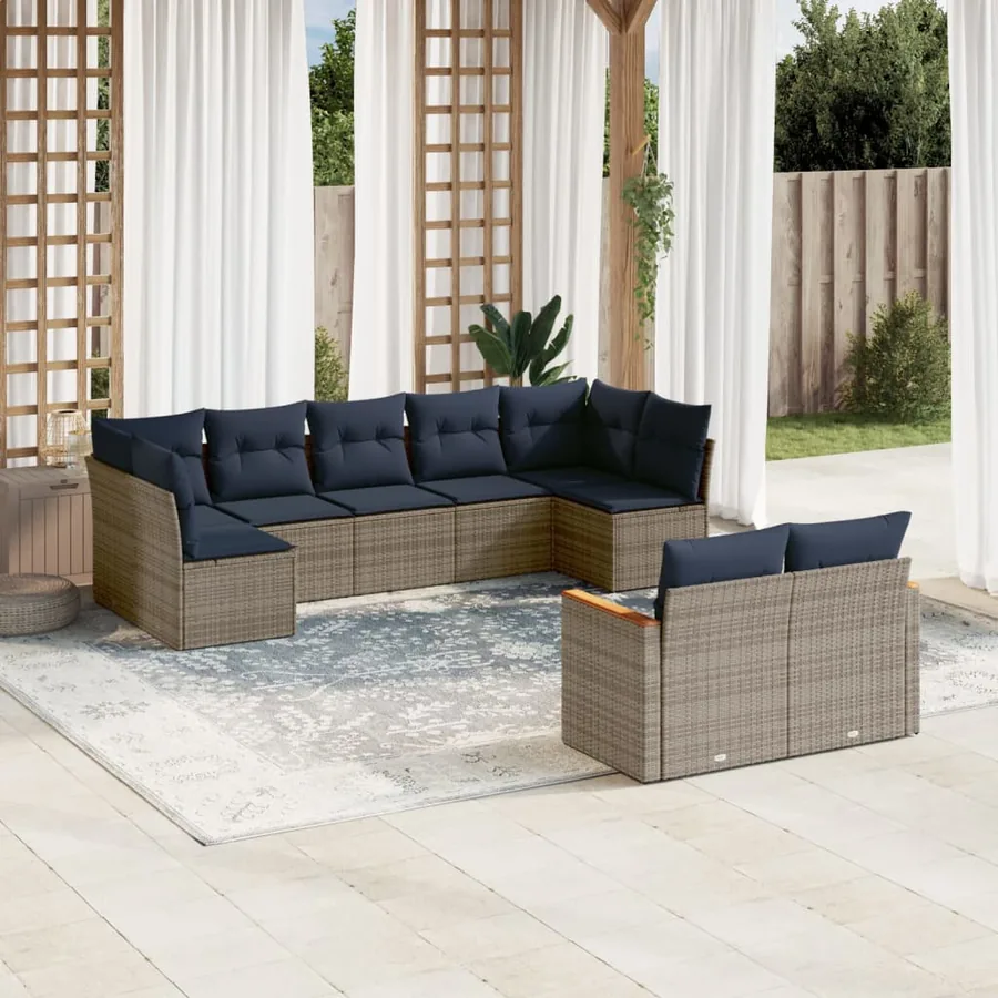 Ensemble de canapé de jardin 9 pcs avec coussins gris résine tressée
