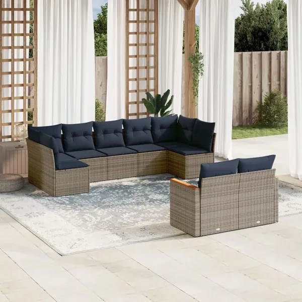 Ensemble de canapé de jardin 9 pcs avec coussins gris résine tressée