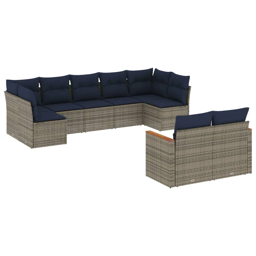 Ensemble de canapé de jardin 9 pcs avec coussins gris résine tressée - 2