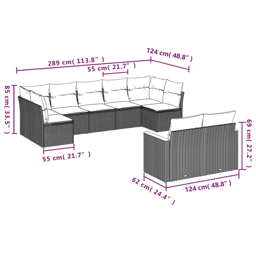 Ensemble de canapé de jardin 9 pcs avec coussins gris résine tressée - 7