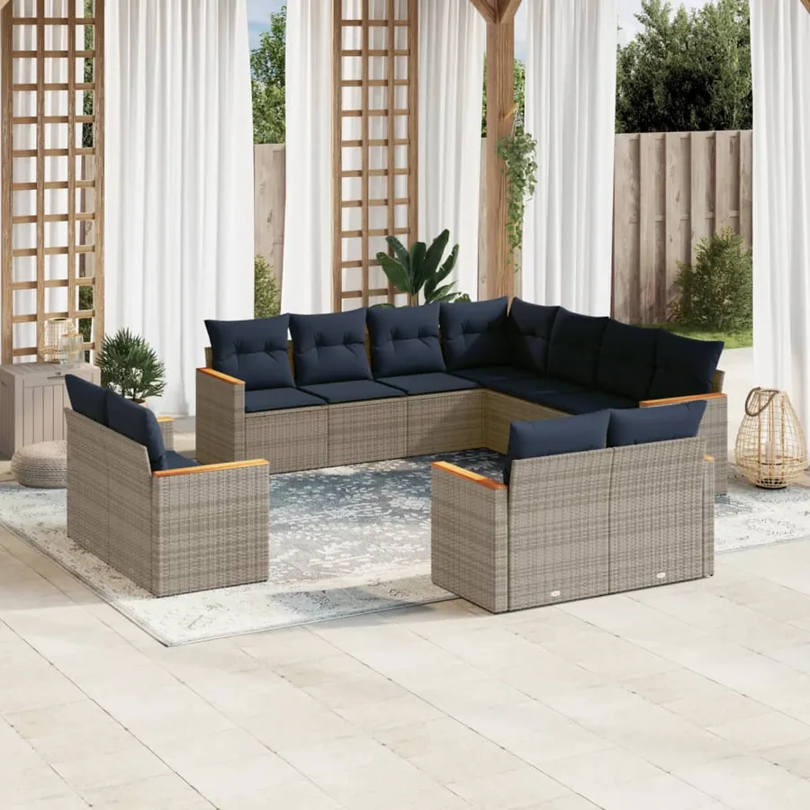 Ensemble de canapé de jardin 11 pcs avec coussins gris résine tressée