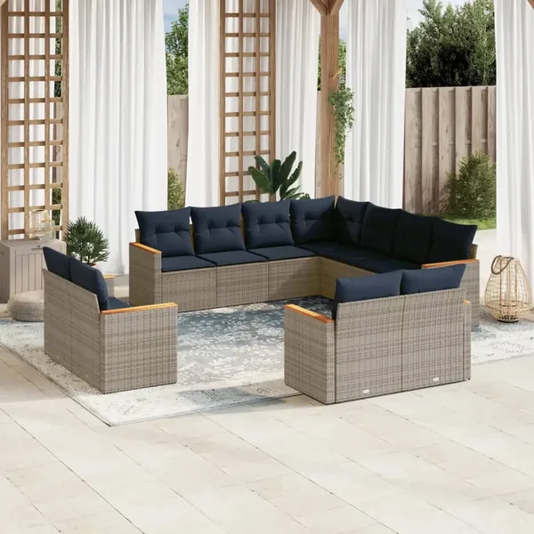 Ensemble de canapé de jardin 11 pcs avec coussins gris résine tressée