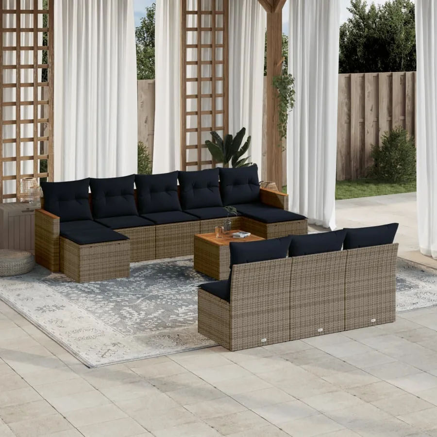 Ensemble de canapé de jardin 11 pcs avec coussins gris résine tressée