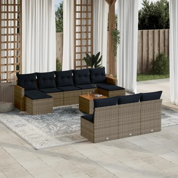Ensemble de canapé de jardin 11 pcs avec coussins gris résine tressée