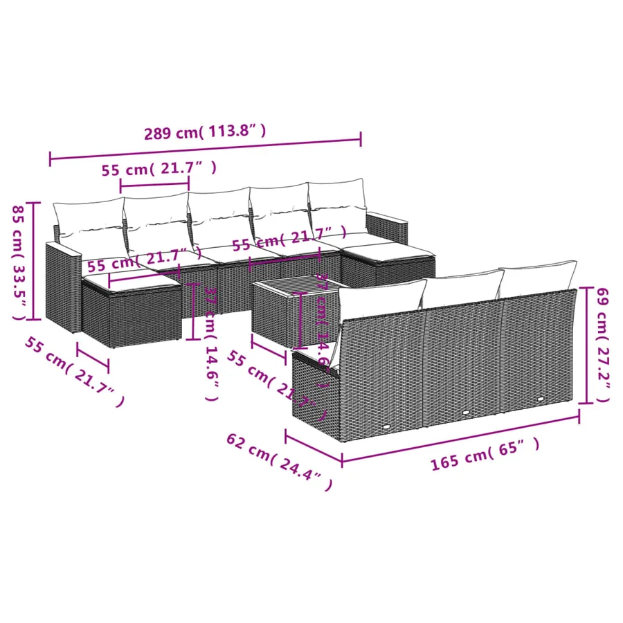 Ensemble de canapé de jardin 11 pcs avec coussins gris résine tressée - 9