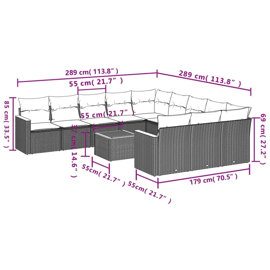 Ensemble de canapé de jardin 12 pcs avec coussins gris résine tressée - 8