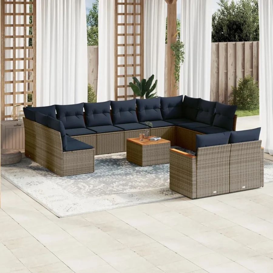 Ensemble de canapé de jardin 13 pcs avec coussins gris résine tressée