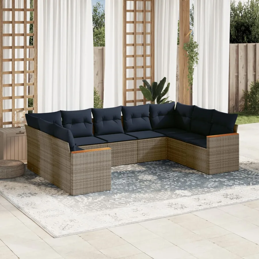 Ensemble de canapé de jardin 9 pcs avec coussins gris résine tressée