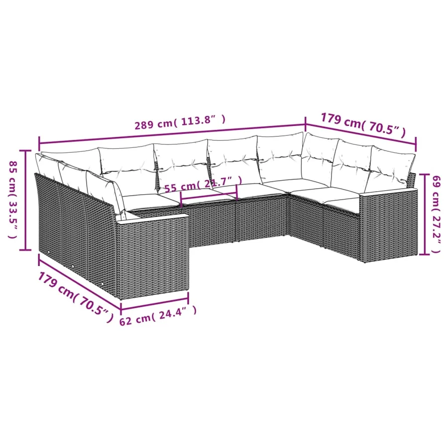 Ensemble de canapé de jardin 9 pcs avec coussins gris résine tressée - 7