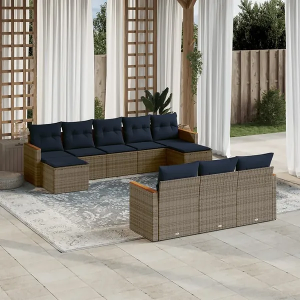 Ensemble de canapé de jardin 10 pcs avec coussins gris résine tressée