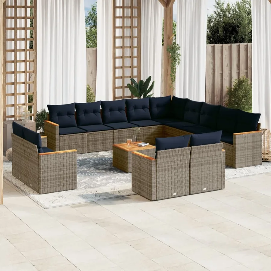 Ensemble de canapé de jardin 14 pcs avec coussins gris résine tressée